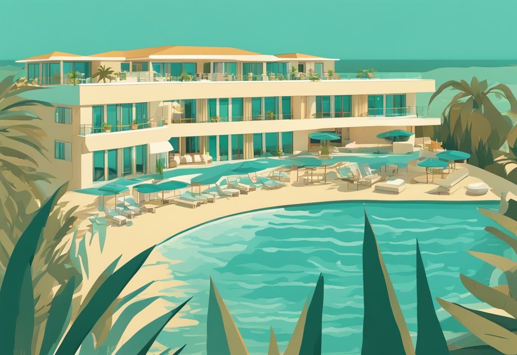 Modern rajzolt illusztráció Pierre Anne Beach Hotel Ayia Napa, türkizkék tenger, buja zöld növényzet, arany napsütés