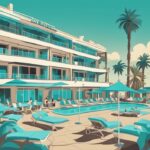 Modern rajzfilm illusztráció a Pierre Anne Beach Hotel Ayia Napa panorámás kilátásáról, amely bemutatja a luxus építészetet, a türkizkék tengerpart közelségét és az élénk nyaralási hangulatot.