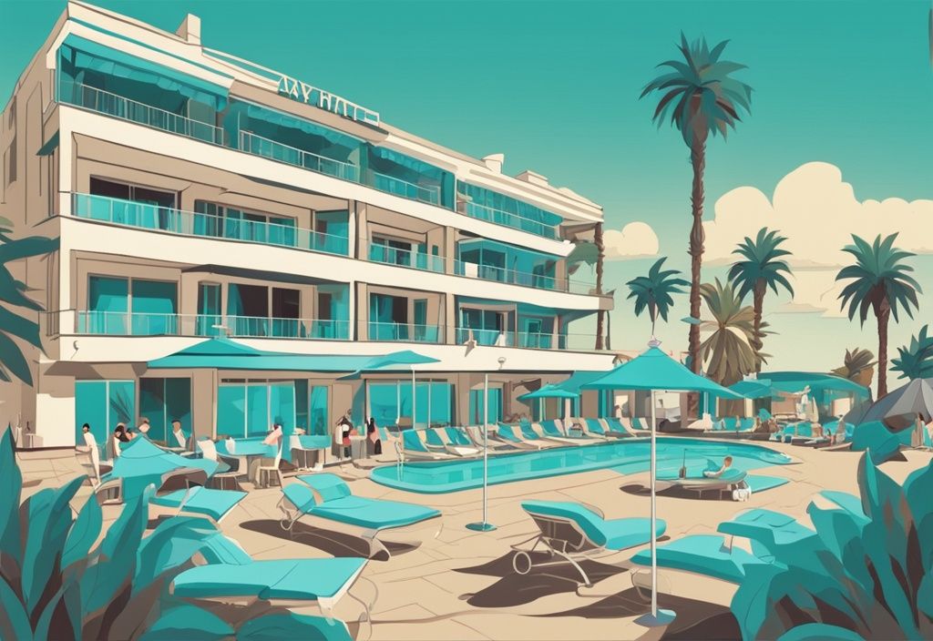 Modern rajzfilm illusztráció a Pierre Anne Beach Hotel Ayia Napa panorámás kilátásáról, amely bemutatja a luxus építészetet, a türkizkék tengerpart közelségét és az élénk nyaralási hangulatot.