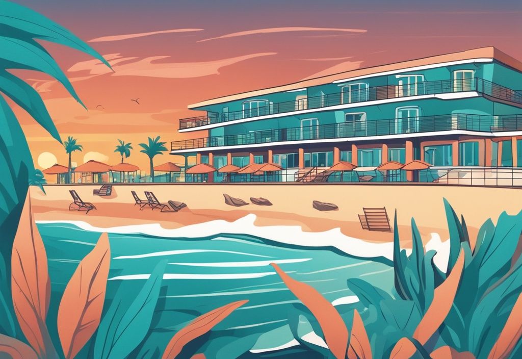 Modern rajzfilm illusztráció az Okeanos Beach Hotel Ayia Napa-ról naplementében, háttérben nyugodt óceán hullámokkal és homokos tengerparttal, fő szín a türkiz.