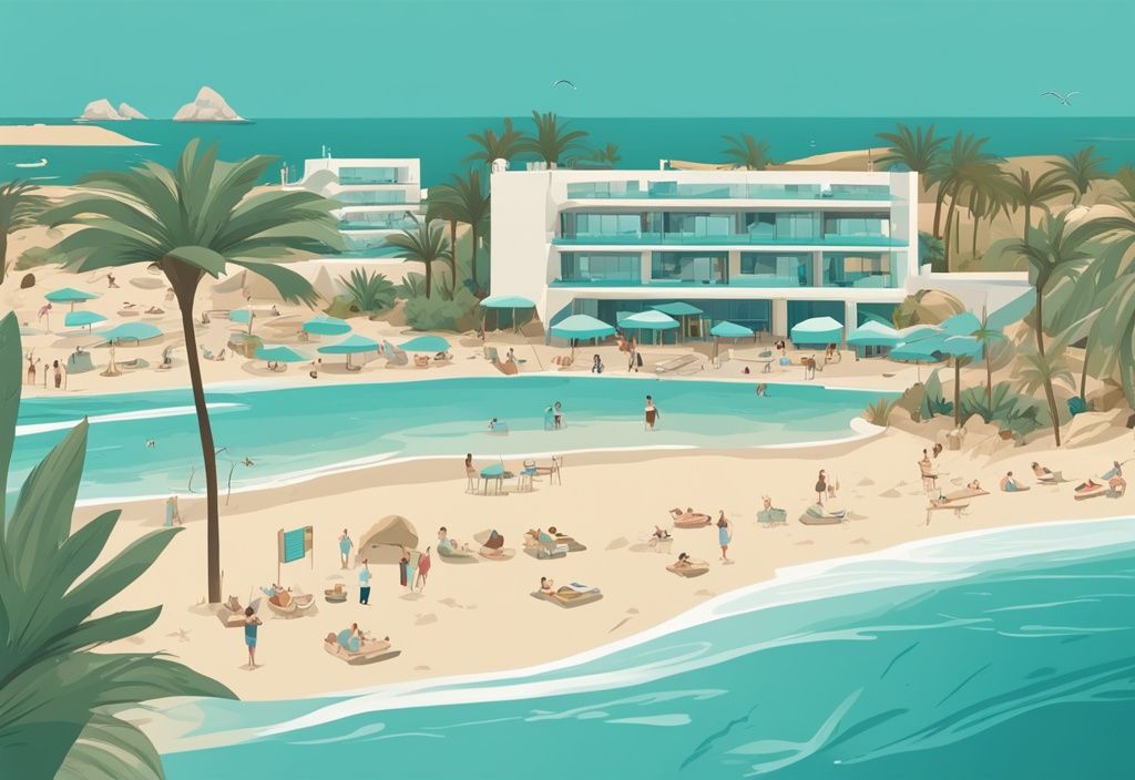 Modern rajzfilm illusztráció Nelia Beach Ayia Napa panorámájáról, amely bemutatja a tiszta homokos partot, az azúrkék vizeket és a buja növényzetet.