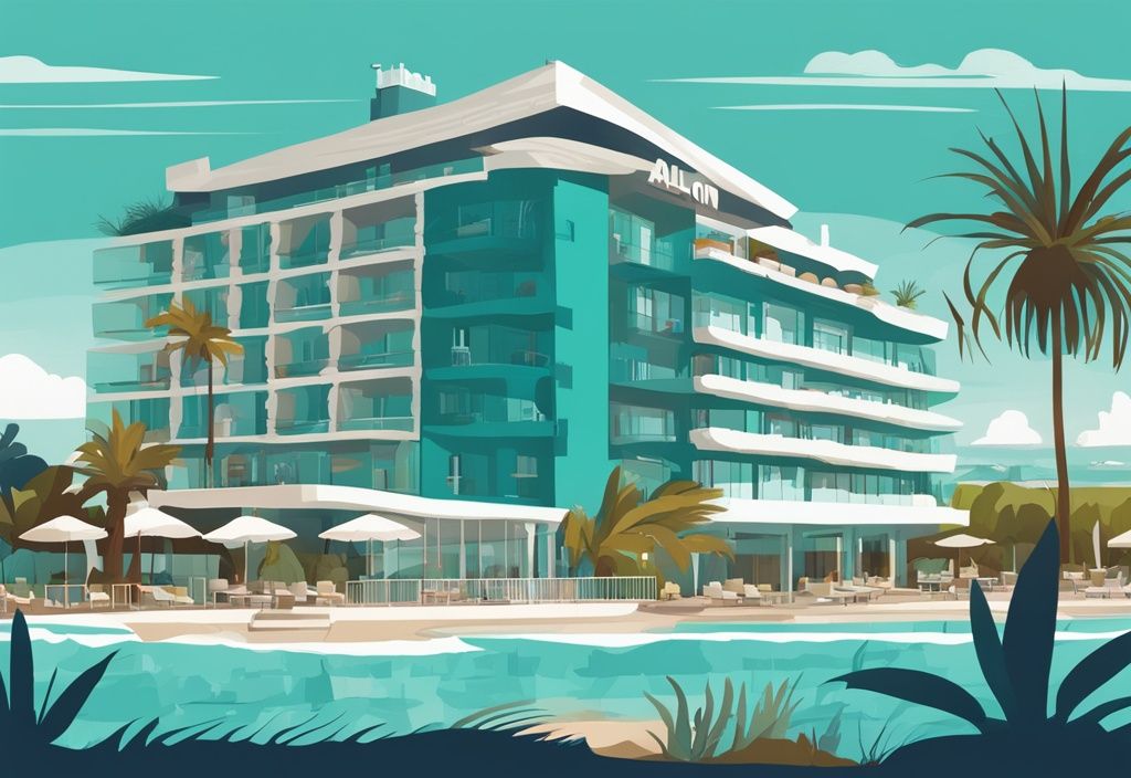 Modern rajzfilm illusztráció az Alion Beach Hotel lenyűgöző külső nézetéről Ayia Napa tengerparti városában, türkiz színvilággal, békés víztestekkel és buja zöld növényzettel körülvéve.