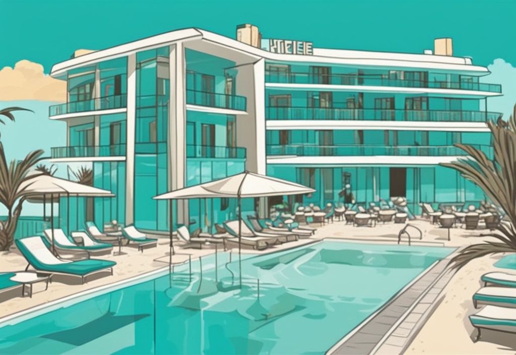 Modern rajzfilm illusztráció a Pierre Anne Beach Hotel Ayia Napa panorámájáról, luxus építészettel, türkizkék tengerparttal és pezsgő nyaraló hangulattal.