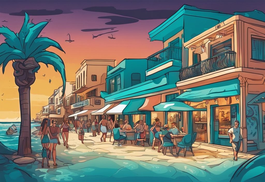 Éjszakai élet Ayia Napa főutcáján, kristálytiszta Nissi strand, és az ősi Thalassa Múzeum, teal színű modern illusztráció.