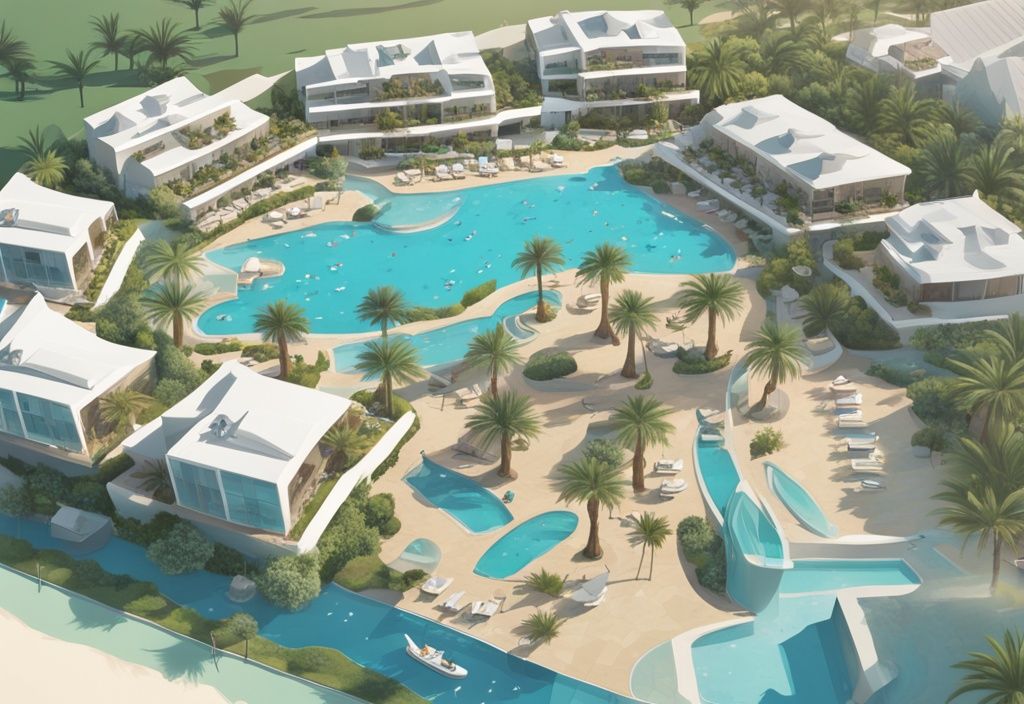 Modern rajzfilm illusztráció a madártávlatból az Olympic Lagoon Resort Ayia Napa szállodáról: elegáns szálláshelyek, kiterjedt medencék, buja zöld területek és a tiszta kék tengerpart közelsége, fő színvilág teal.