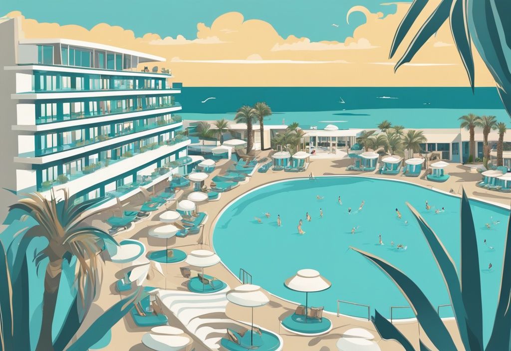 Modern rajzfilm illusztráció a luxus Adams Beach Hotelről, Ayia Napa tiszta kék tengere és érintetlen strandjai előtt, fő szín téma a türkiz.