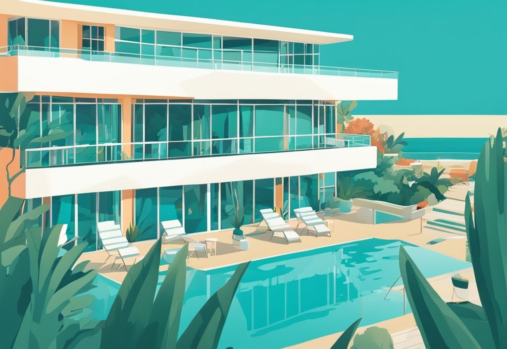 Modern rajzfilm illusztráció a Faros Hotel Ayia Napa modern építészetéről, buja zöld növényzettel és a vibráló kék Földközi-tengerrel a háttérben.