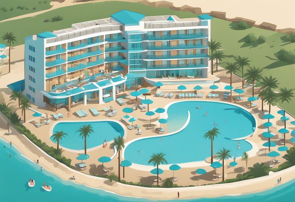 Modern rajzfilm illusztráció a Chrysomare Beach Hotel & Resort légi felvételével, modern építészettel, kiterjedt medence területtel, homokos tengerparttal és az Ayia Napa ragyogó kék vizeivel.