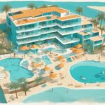 Modern rajzfilm illusztráció a napfényes Tasia Maris Sands Ayia Napa üdülőhelyről, tengerparti elhelyezkedéssel, türkizkék úszómedencékkel és vendégszobákkal.