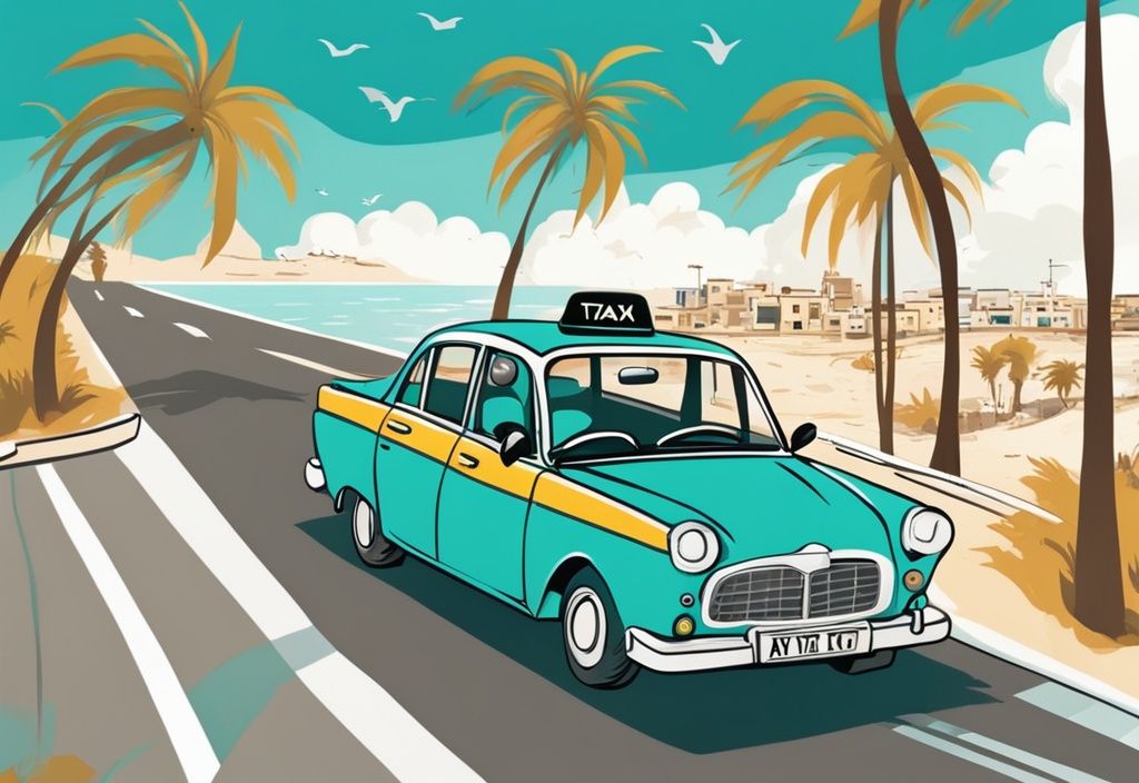 Modern rajzfilm ábrázolás egy taxival, amely Ayia Napa festői tengerparti útján halad, tiszta kék ég alatt. Kulcsszó: ayia napa taxi.