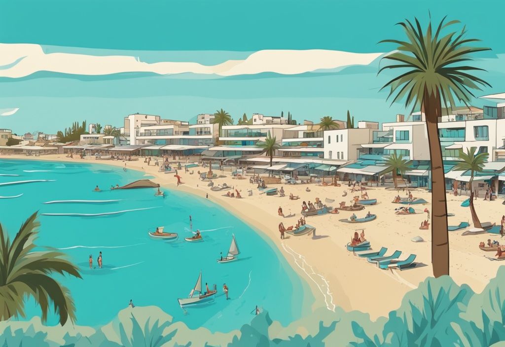 Modern rajzfilm illusztráció Ayia Napa panorámájáról, júniusi tiszta kék égbolttal és napsütéses idővel, az előtérben a festői stranddal, fő színvilágában tengerzöld színekkel.