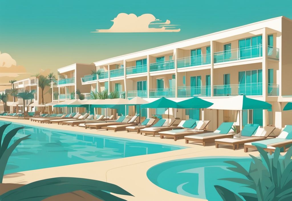 Modern rajzfilm illusztráció a Chrysomare Beach Hotel & Resort - Ayia Napa luxus szállodáról, lenyűgöző építészettel, pálmafás medencével és idilli homokos tengerparttal.