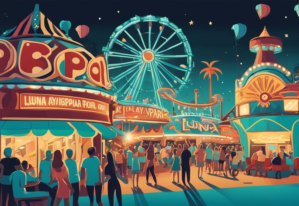 Modern rajzfilm illusztráció éjszakai Luna Park Ayia Napa-ról, élénk fényekkel, izgalmas hullámvasutakkal és nyüzsgő tömeggel, fő színvilága türkiz.