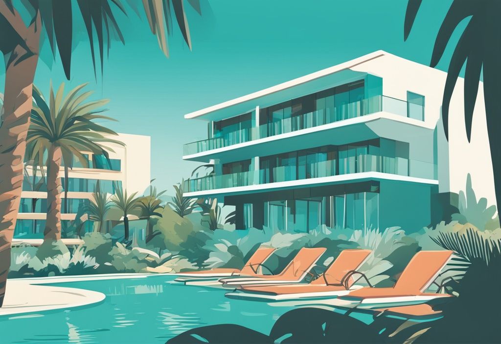 Modern rajzfilm illusztráció a Zoi Hotel Ayia Napa lenyűgöző építészetéről trópusi zöld növényzet közepette, tiszta kék ég alatt.