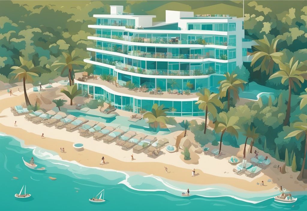 Modern rajzfilm illusztráció a Melissi Beach Hotel Ayia Napa lélegzetelállító légifelvételével, amely bemutatja a gyönyörű építészetet, a környező buja zöldterületeket és a szomszédos, érintetlen strandot.