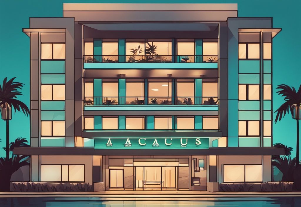 Modern rajzfilm illusztráció a Hotel Abacus Suites luxus homlokzatáról alkonyatkor, jól megvilágított környezettel, pálmafákkal és barátságos bejárattal, fő színvilágában türkizzel.