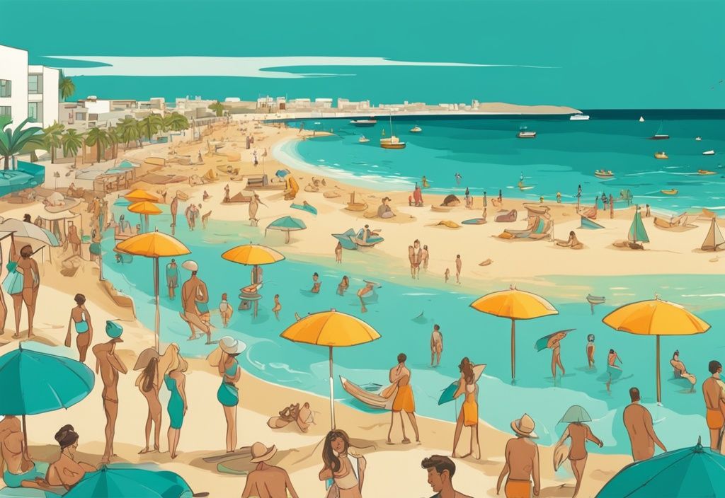 Modern rajzfilm illusztráció Ayia Napa strandjáról, türkizkék vízzel, aranyhomokkal, színes napernyőkkel és napozó turistákkal.