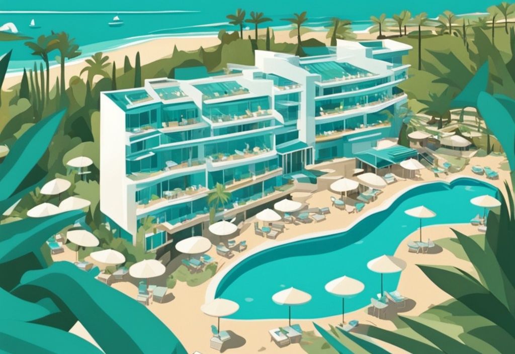 Modern rajzfilm illusztráció a Melissi Beach Hotel Ayia Napa lélegzetelállító látképével, lenyűgöző építészettel, buja zöld környezettel és a szomszédos tiszta stranddal.