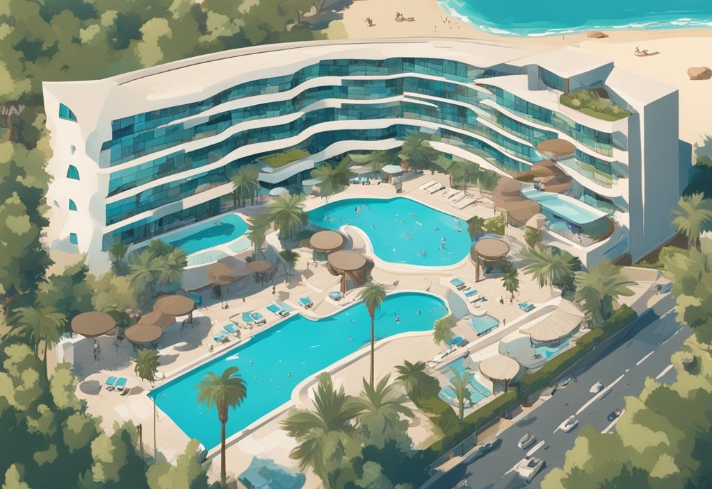 Modern rajzfilm illusztráció az Aeneas Hotel Ayia Napa légi nézetéről, hatalmas medencékkel, környező zöldterületekkel és a háttérben a kék tengerrel, fő színvilágában a türkiz.