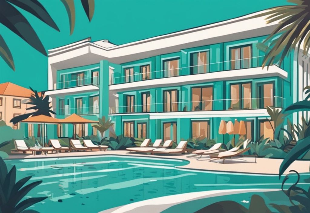 Margadina Hotel Ayia Napa modern épületének külső nézete, trópusi kertekkel és hívogató úszómedencével