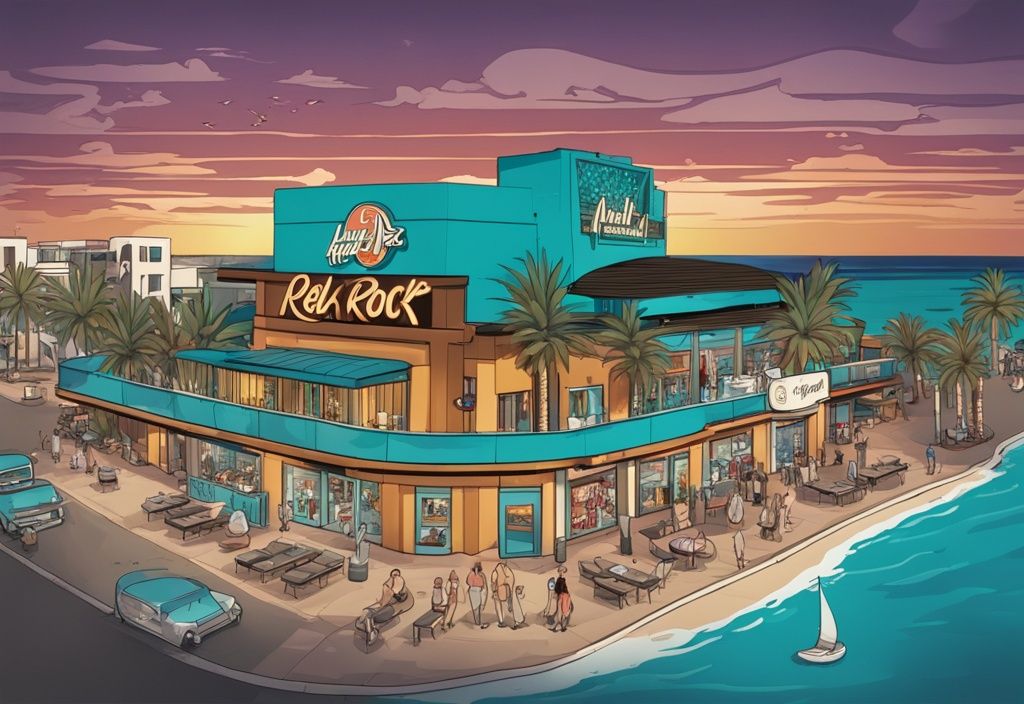 Modern rajzfilm illusztráció a Hard Rock Cafe Ayia Napa élénk külsejéről, ikonikus rock emléktárgyakkal, a pezsgő Ayia Napa városképével a háttérben.