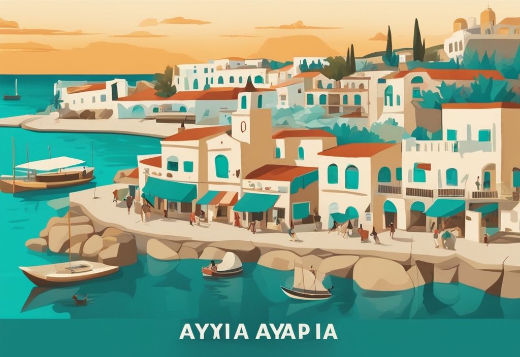 Modern rajzfilm illusztráció Ayia Napa óvárosáról, kőházakkal, helyi piacokkal és az ikonikus Ayia Napa kolostorral a lenyugvó nap fényében.