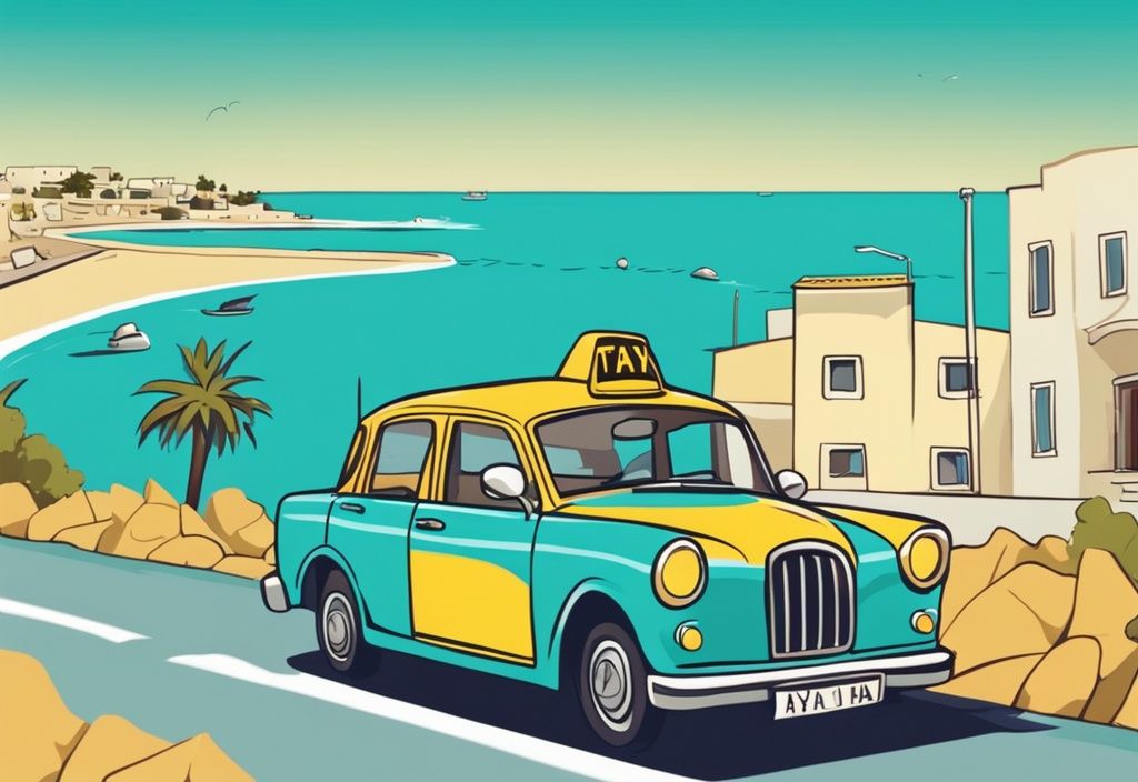 Modern rajzfilm illusztráció egy taxi kabinról, amely Ayia Napa festői tengerparti útján halad a tiszta kék ég alatt, ayia napa taxi.