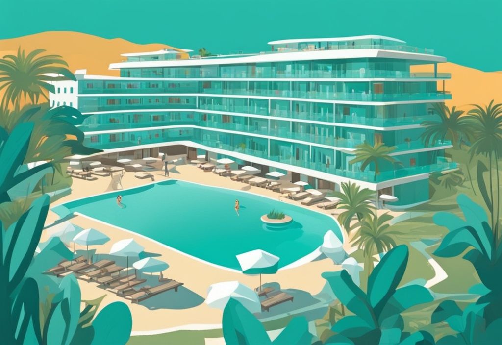 Modern rajzfilm illusztráció a Nissi Park Hotelről, amely buja zöldövezetben helyezkedik el, háttérben Ayia Napa csillogó türkizkék vizeivel.