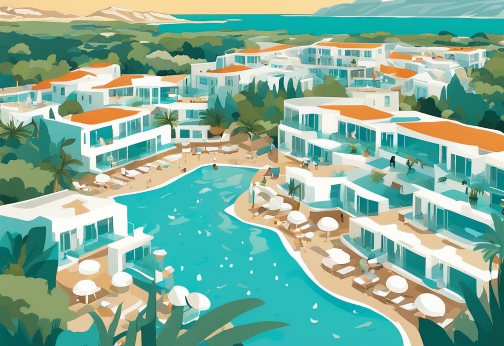 Modern rajzfilm ábrázolás, buja mediterrán tájjal, fehér épületekkel és medencékkel a Callisto Holiday Village Ayia Napa alatt kék ég alatt.