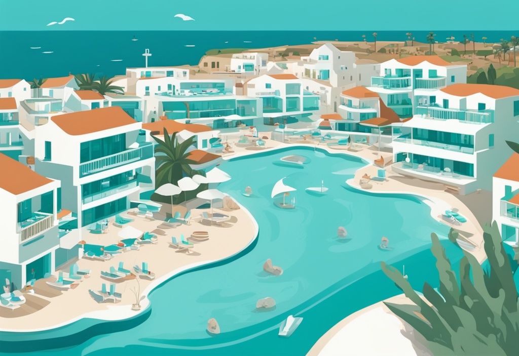 Modern rajzfilm illusztráció az Atlantica Mare Village Ayia Napa panorámájáról, fehér épületekkel és türkiz medencékkel a tiszta, azúrkék Földközi-tenger hátterében.