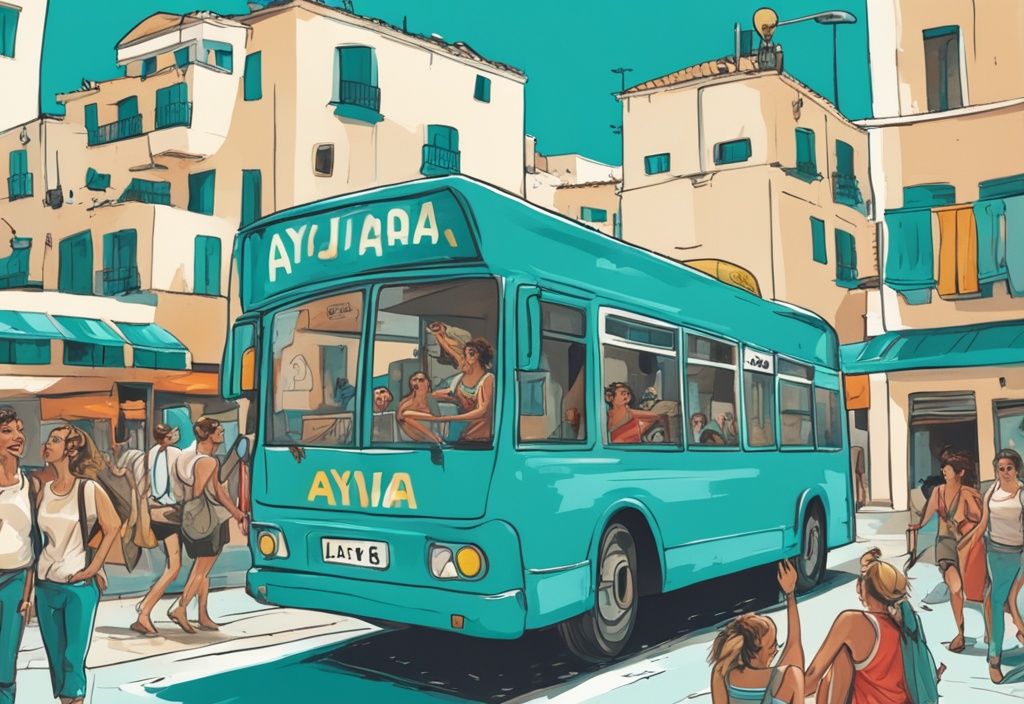 Modern rajzfilm illusztráció Larnaca utcáin közlekedő vibráló busszal, amelynek célállomása Ayia Napa; körülötte fehérre meszelt épületek és élénk gyalogosok.