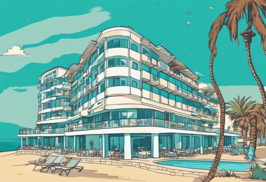 Modern rajzfilm illusztráció a Grecian Bay Hotel Ayia Napa szállodáról, amely a ragyogó türkiz tenger mellett áll egy csodálatos égbolt alatt.