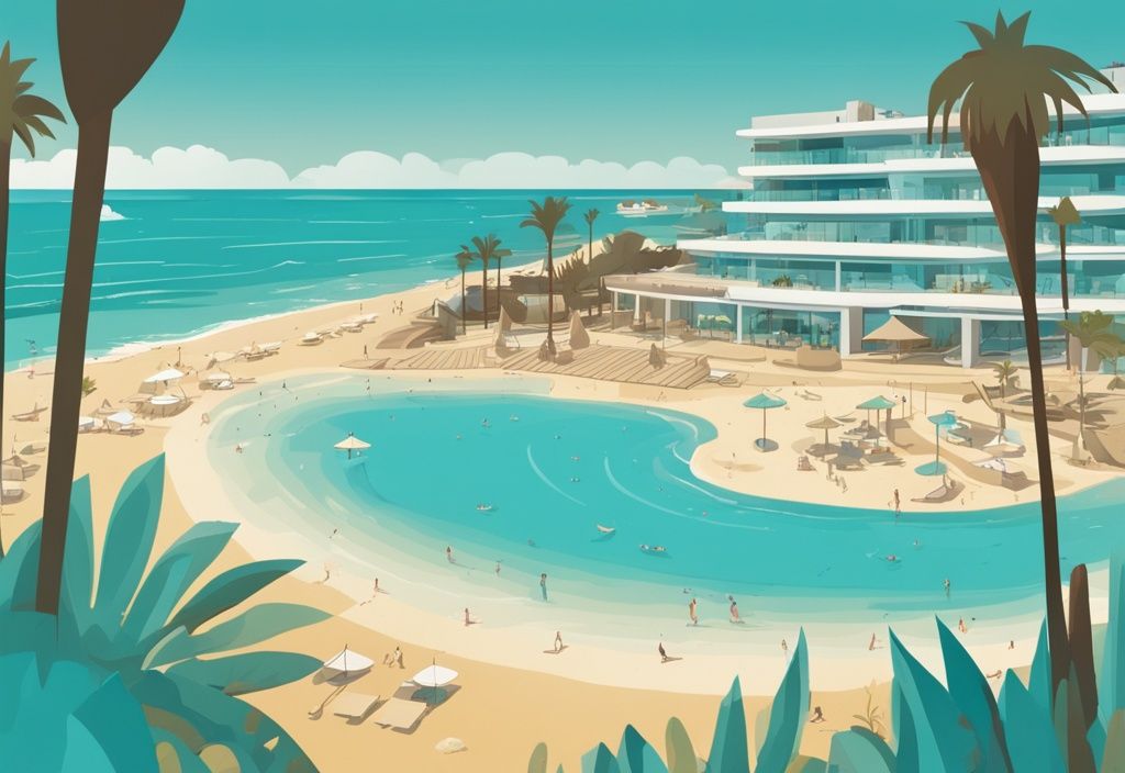 Modern rajzfilm illusztráció, amely a Nissiblu Beach Resort Ayia Napa panorámáját mutatja be, homokos stranddal, azúrkék tengerrel, pálmafákkal és a lenyűgöző üdülőhely létesítményeivel.