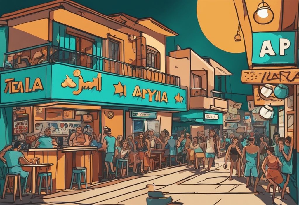 Modern rajzfilm illusztráció Ayia Napa éjszakai utcai jelenetéről, teal színvilággal és különböző szórakoztató programokat hirdető táblákkal.