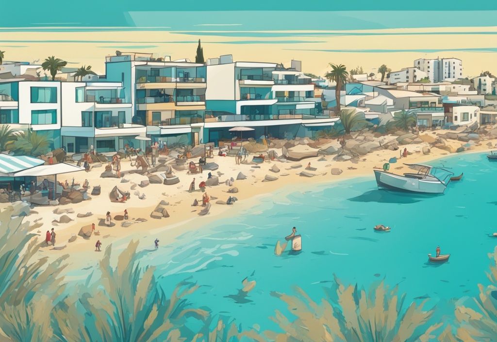 Modern rajzfilm illusztráció, Ayia Napa panorámája júniusi tiszta kék éggel és festői stranddal az előtérben, napsütéses időjárás kiemelve, fő szín téma türkiz.