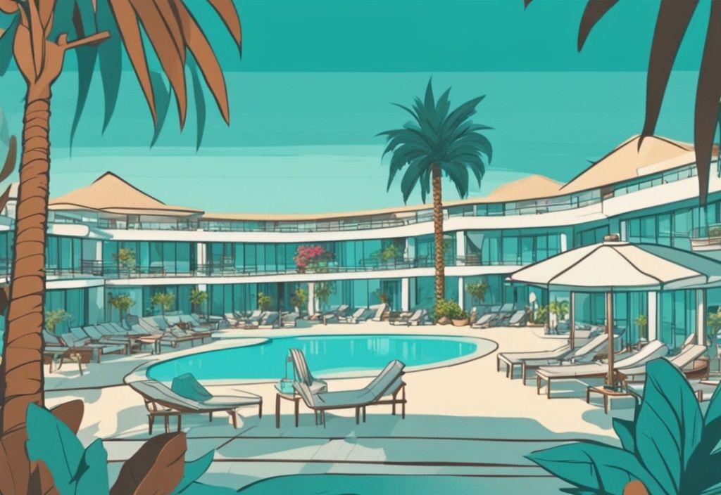 Luxus Christofinia Hotel Ayia Napa-ban, trópusi növényzettel körülvéve, háttérben a kék Földközi-tengerrel, modern rajzfilm illusztráció, fő szín a türkiz.