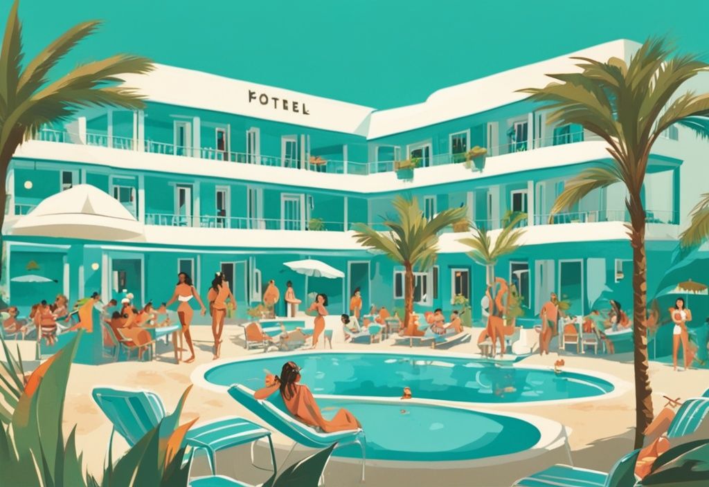 Modern rajz Nestor Hotel Ayia Napa-ról, kék ég alatt, zöld pálmafákkal és vendégekkel a medence körül.