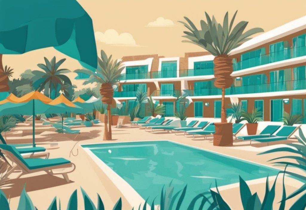 Modern rajzfilm ábrázolás Nelia Gardens Ayia Napa trópusi hangulatáról, buja növényzettel, hívogató medencével és pihentető napozóágyakkal.