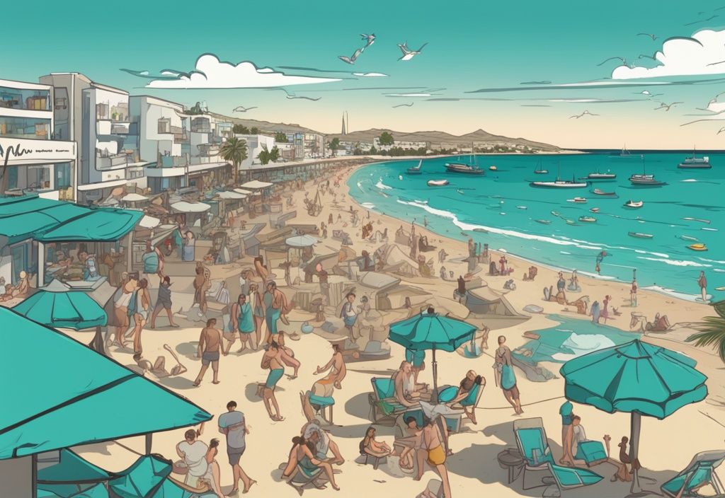 Ayia Napa webcam élő közvetítés: modern, rajzfilmszerű illusztráció a tengerpart nyüzsgő életéről, éjszakai életéről és nyugodt tengeréről, teal színvilággal.