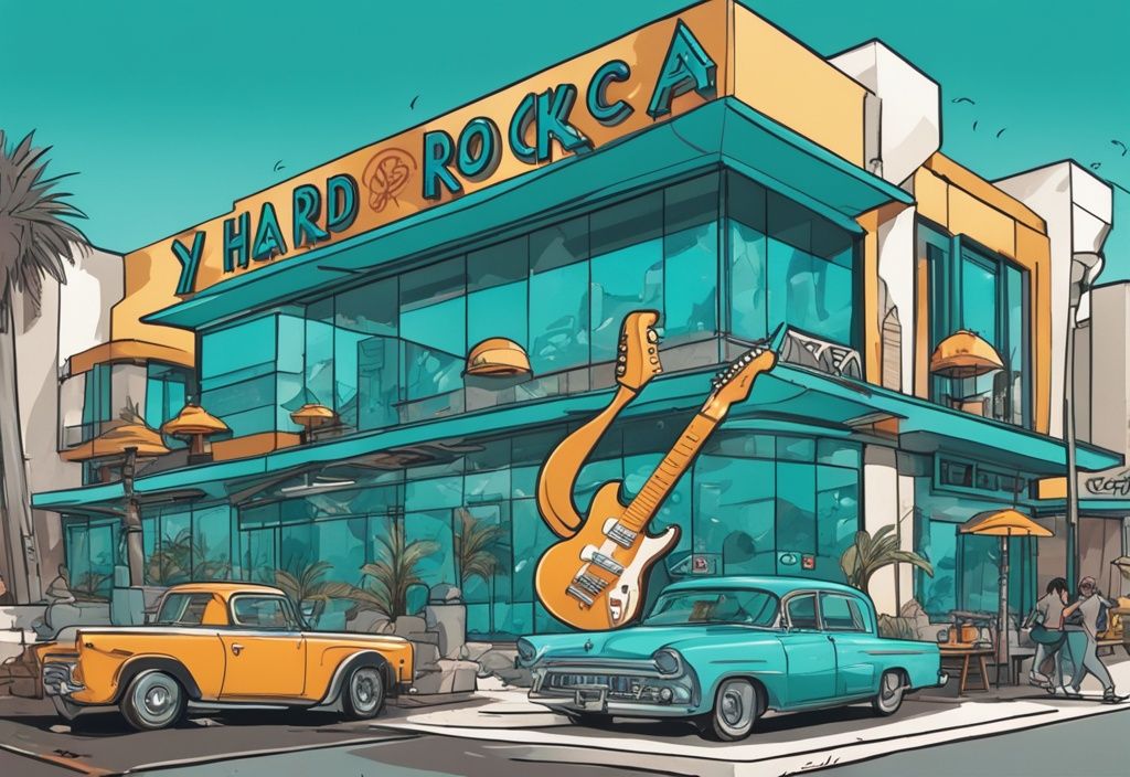 Modern rajzfilmillusztráció a Hard Rock Cafe Ayia Napa élénk külsőjével, ikonikus rock emléktárgyakkal, Ayia Napa nyüzsgő városképének hátterével.