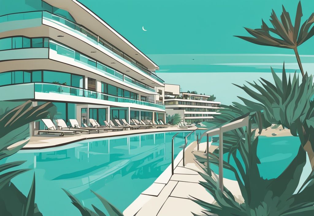 Modern rajzfilm ábrázolás Alion Beach Hotel Ayia Napa panorámájáról, buja zöld növényzet és a Földközi-tenger azúrkék vizei között.