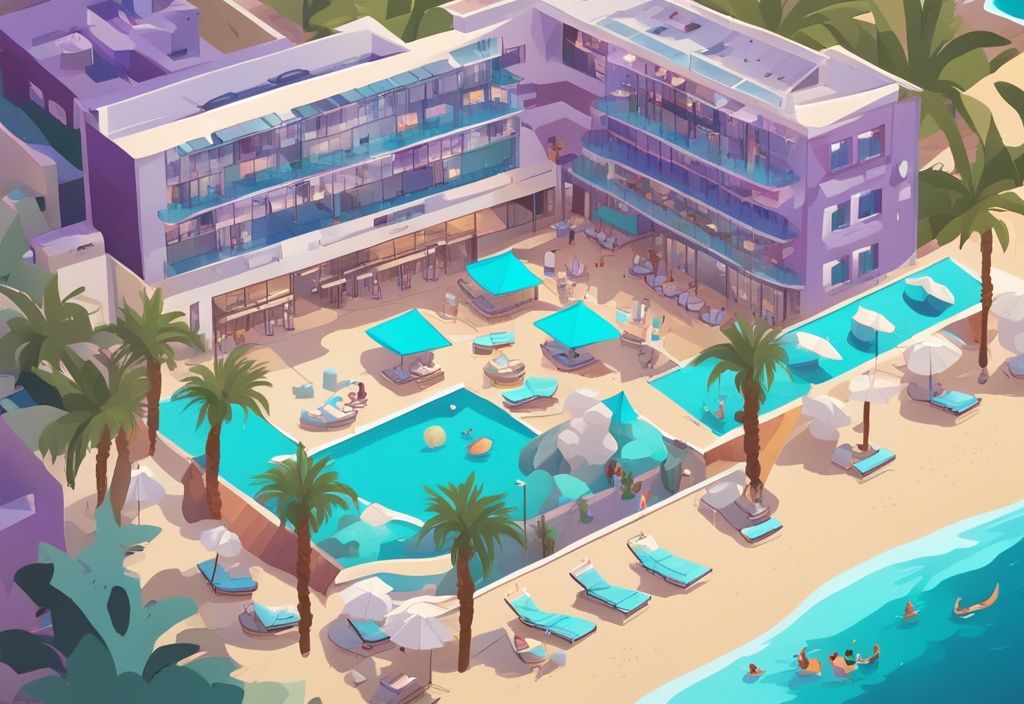 Modern rajzfilm illusztráció, amely a lenyűgöző Amethyst Hotel Ayia Napa madártávlatból mutatja be, ahol a pezsgő éjszakai élet találkozik a nyugodt tengerparti szépséggel.