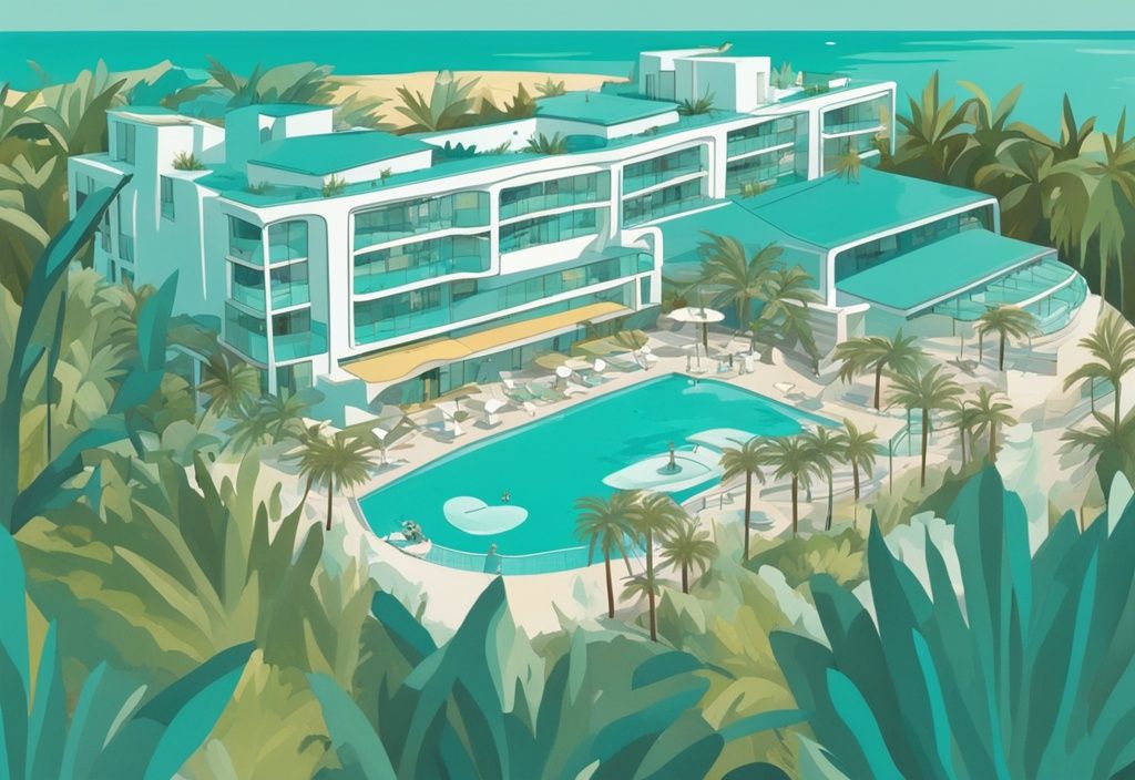 Modern rajzfilm illusztráció a Nissi Park Hotelről, amelyet buja zöld növényzet és az Ayia Napa partjának kristálytiszta kékje vesz körül. Kulcsszó: nissi park hotel ayia napa.