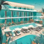 Modern rajzfilm illusztráció a Stamatia Hotel Ayia Napa panorámás kilátásával, lenyűgöző építészettel, élénk kertekkel és hívogató medencével, fő színvilága a türkiz.