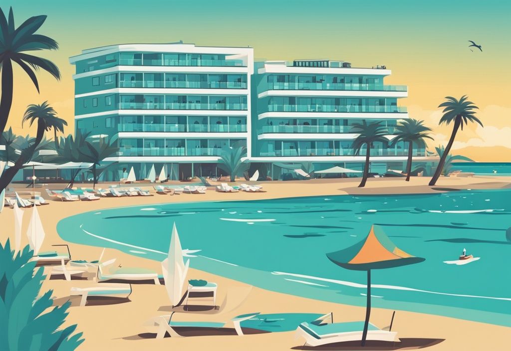 Modern rajzfilm illusztráció Asterias Beach Hotel tengerparti kilátásáról Ayia Napa-ban, jellegzetes épülettel, pálmafákkal és türkizkék tengerrel a háttérben.