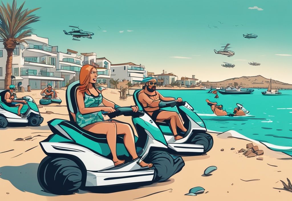 Ayia Napa jetski élmény modern rajzfilm illusztrációval, ahol emberek jetskiznek a gyönyörű Ayia Napa partvidékén.