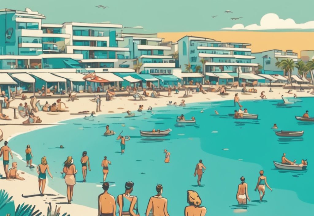 Modern rajzfilm illusztráció Ayia Napa strandjáról májusban, napsütéses idő, kristálytiszta kék víz, turisták élvezik a meleget, fő szín a türkiz.