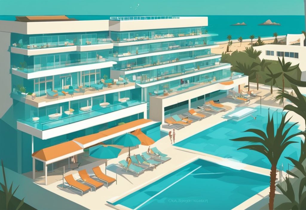 Modern rajzfilm illusztráció az Okeanos Beach Hotel Ayia Napa panorámás kilátásával, luxus szobáival, csillogó medencéjével és a háttérben lévő tengerparttal, fő színvilágában a türkiz.