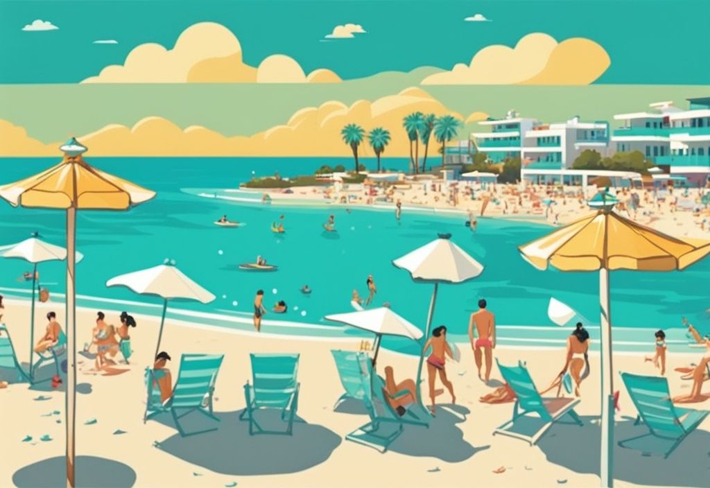 Modern rajzfilm illusztráció Ayia Napa Nissi Beach azúrkék vizeiről, napozókkal, színes napernyőkkel és környező természeti tájjal.