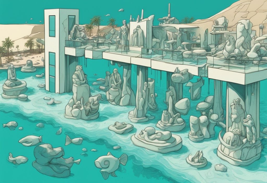 Modern rajzfilm illusztráció, amely a musan museum of underwater sculpture ayia napa kristálytiszta vize alatt található egyedi, bonyolult szobrokat ábrázolja, fő színvilága a türkiz.